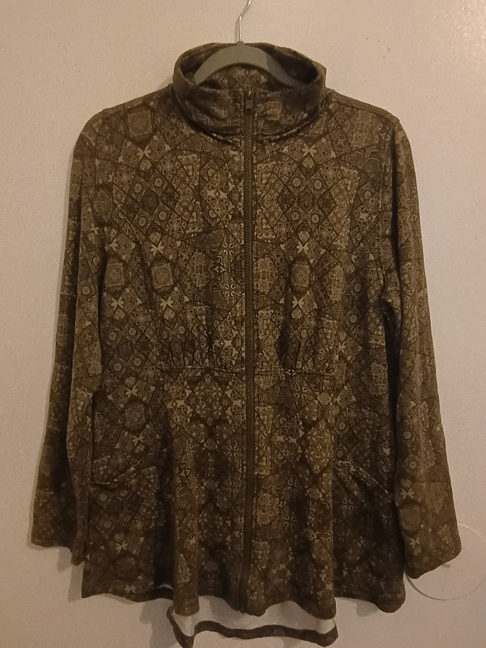 Soft Surroundings Olive Green Printed Zip Jacket High-low Sz M